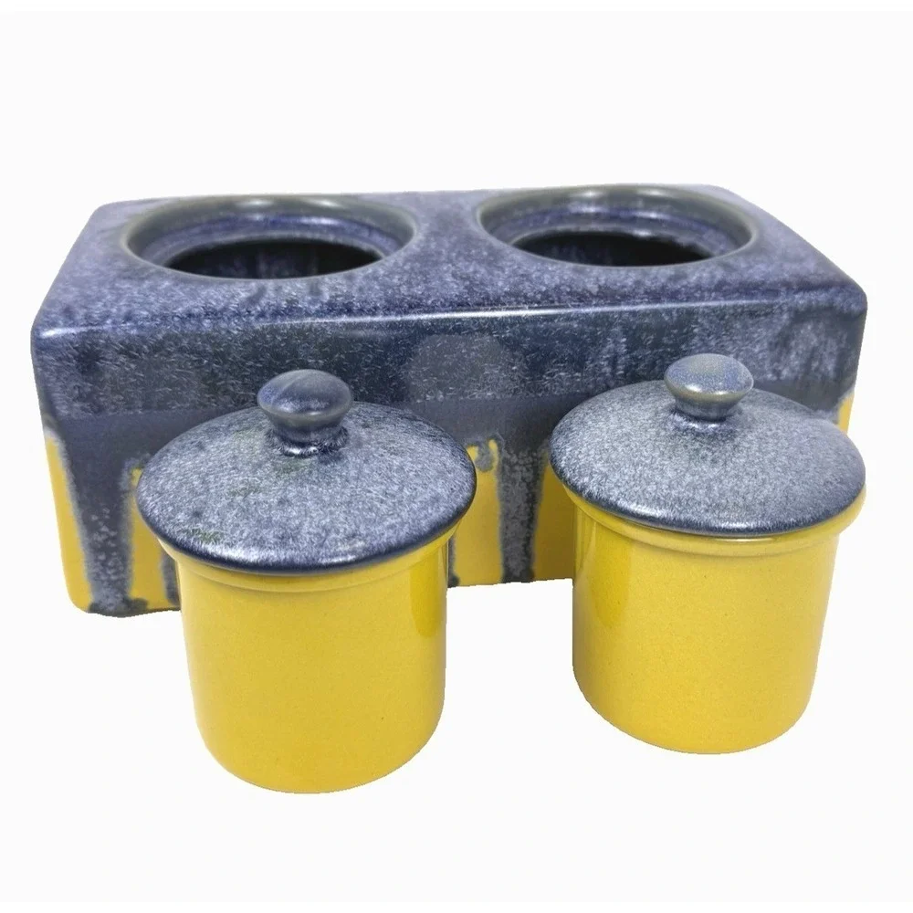 Ceramic Vanity Organizer Sink Caddy Lidded Jars Blue Drip Glaze on Yellow